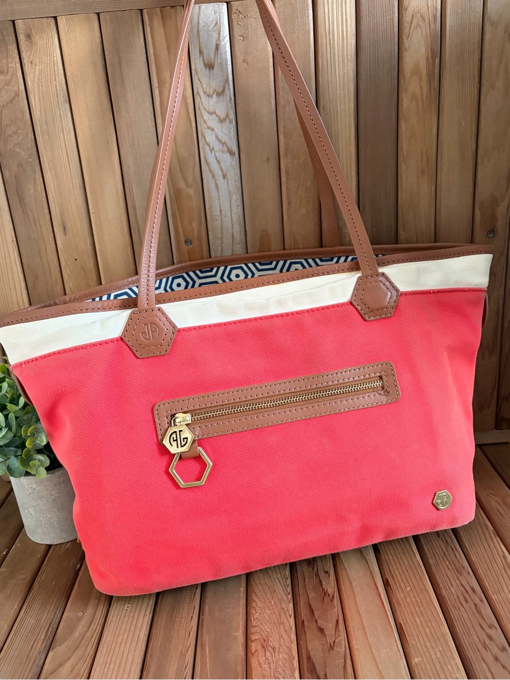 Jonathan Adler Coral Red & Tan Canvas Tote Bag Leather Trim, Large Navy Interior